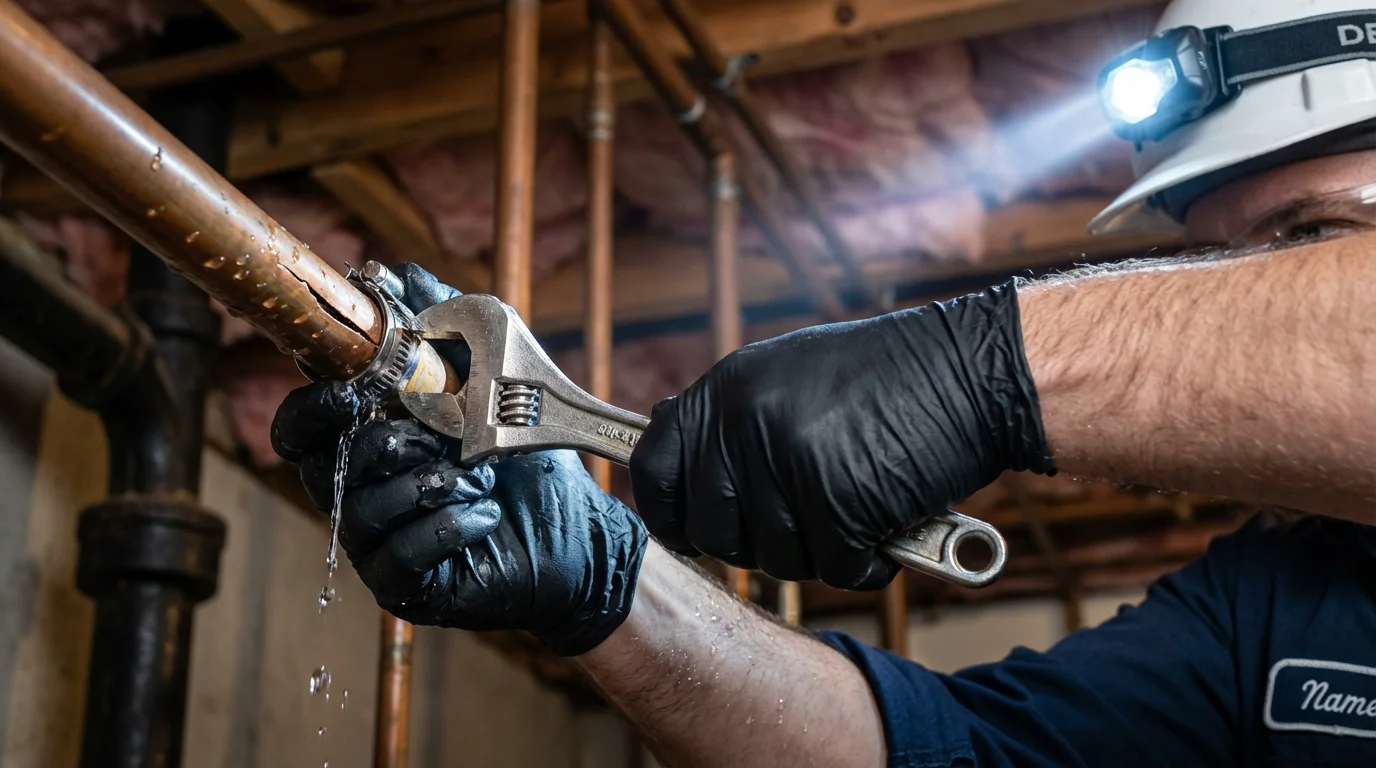 Emergency pipe clamp repair being performed by a Johns Plumbing LLC plumber in Aberdeen