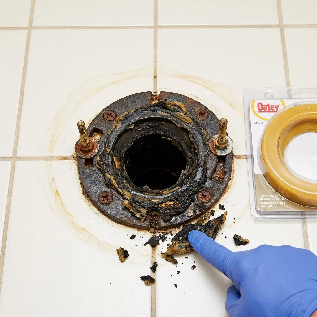 Failed wax ring showing water seepage at the base of a toilet in a Aberdeen, MS home