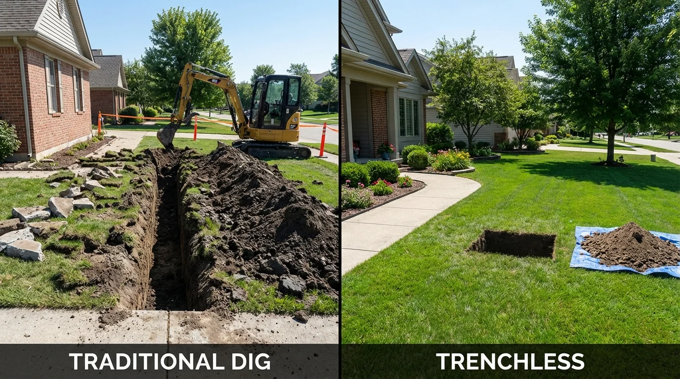 Trenchless sewer repair with minimal yard damage versus traditional excavation in Aberdeen, MS